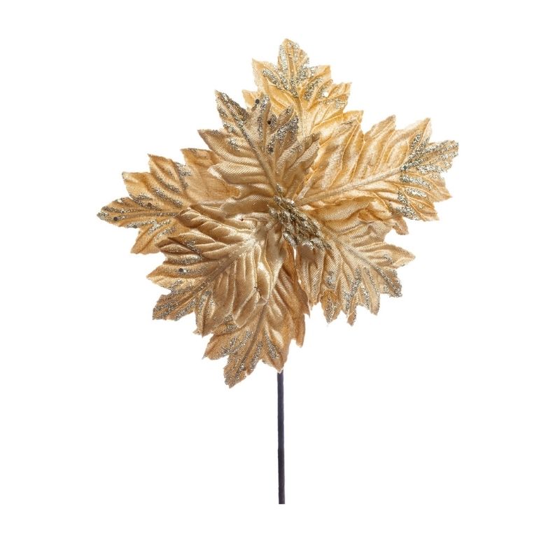 Flor natalina bico de papagaio dourada com glitter 45cm - Tempori Home